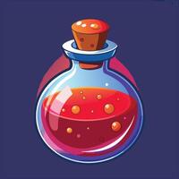 Cartoon Style Potion Bottle with Red Liquid and Bubbles on Dark Background vector
