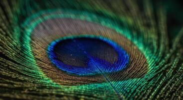 A detailed view of a vibrant peacock feather, showcasing intricate patterns and colors. photo