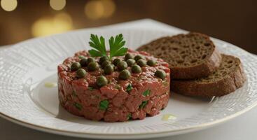 Exquisite beef tartare with capers and parsley, elegantly presented on a white plate. photo