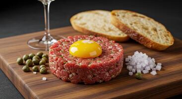 A close up shot of a delicious beef tartare dish with fresh ingredients. photo