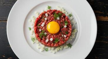 Exquisite steak tartare, elegantly plated with fresh dill and diced onions, ready to enjoy. photo