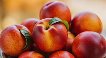 A delightful cluster of fresh, ripe nectarines, ready to be enjoyed during the summer season. photo
