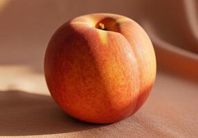 A perfectly ripe nectarine sits under soft light, showcasing its vibrant colors. photo