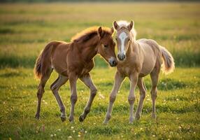 Two adorable foals share a moment in a sun-drenched field of green grass. photo