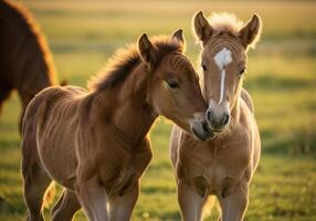 Two curious and gentle foals share an intimate moment in a vibrant green pasture. photo