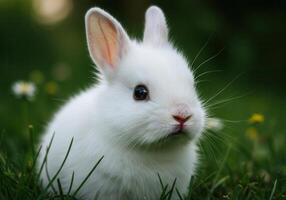 A captivating portrait of a fluffy white bunny peering out from green grass. photo