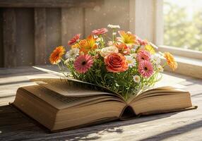 A gorgeous book is filled with fresh flowers, creating a beautiful floral display. photo
