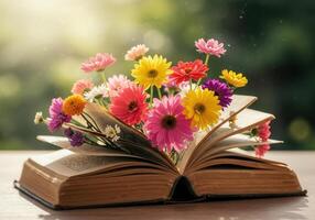 An open book filled with beautiful, colorful flowers creating a lovely scene. photo