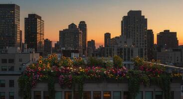 A vibrant rooftop garden blooms over a cityscape at sunset, showing lush greenery and colorful blooms. photo