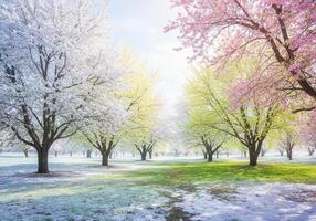 A breathtaking scene of cherry trees in full bloom, with fresh flowers under the spring sun. photo