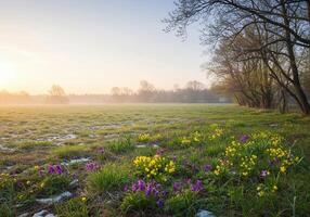 A vibrant display of wildflowers blossoms in a misty field at sunrise. photo
