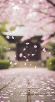 Falling cherry blossom petals cascade down a stone path in front of a temple. photo