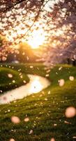 Cherry blossoms fall gracefully over a stream, bathed in the warmth of the setting sun. photo