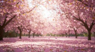 A breathtaking view of a pathway, lined with blooming cherry blossom trees. photo