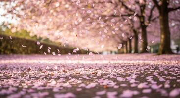 A picturesque scene of falling cherry blossom petals along a tree-lined path. photo