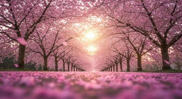 A mesmerizing view of pink cherry blossom trees lining a pathway, creating a tunnel. photo