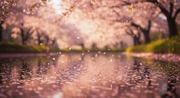 Cherry blossom petals gently fall over a serene lake in a beautiful spring setting. photo
