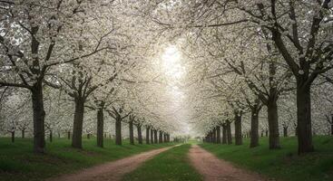 Lush cherry blossom trees frame a picturesque path on a bright spring day. photo