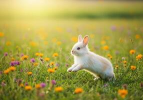 A sweet white bunny leaping through a meadow filled with colorful wildflowers. photo