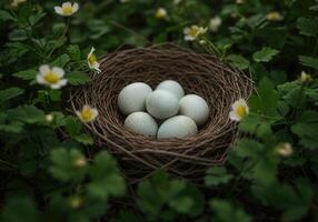 A bird's nest filled with eggs sits amidst wildflowers, showcasing spring. photo