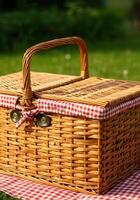 A charming picnic basket rests on a red checkered blanket on the green grass. photo