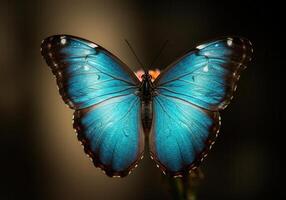 A mesmerizing macro shot of a vibrant blue morpho butterfly with open wings. photo