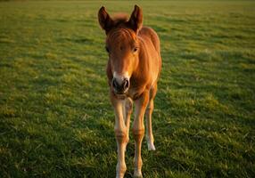 A beautiful brown foal gazes directly at the camera in a sun-drenched grassy field. photo