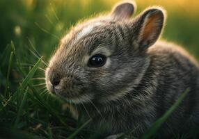 A charming close-up shot of a bunny nestled peacefully in a bed of lush, green grass. photo