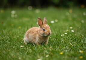 A cute brown bunny enjoying a sunny spring day in a field of fresh green grass. photo