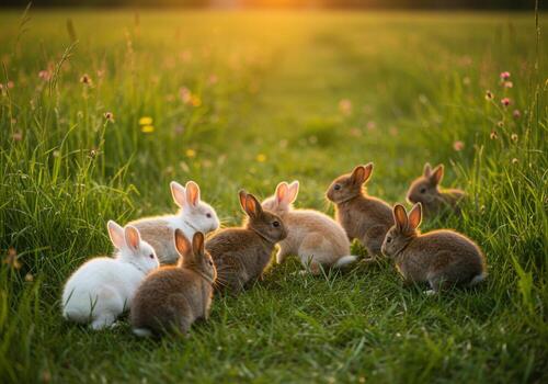 A charming group of baby bunnies enjoying the warmth of a sunset in a field. photo