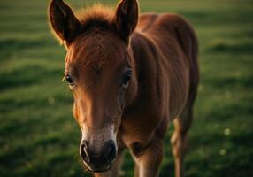 A captivating portrait of a young foal staring intently towards the camera. photo