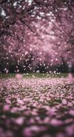 Pink cherry blossom petals fall gently to the ground in a beautiful spring scene. photo
