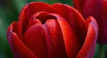 A stunning, detailed close-up of a bright red tulip covered in water droplets. photo