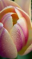 Stunning close-up of a vibrant tulip with water droplets, capturing spring's beauty. photo