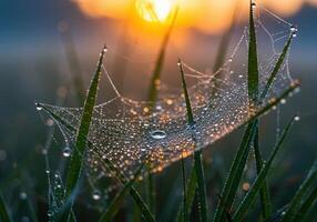 A stunning macro photograph featuring a dew-covered spider web in the morning light. photo