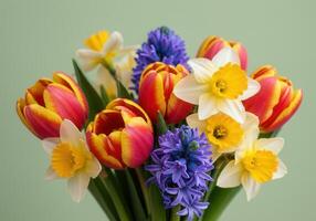 A stunning bouquet of colorful tulips, daffodils, and hyacinths in full bloom. photo