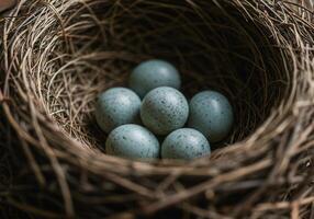 A beautiful robin's nest with six speckled eggs, a sign of new life and hope. photo