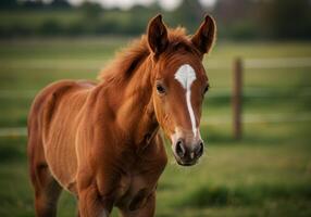 A charming young foal with a white blaze gazes towards the camera in a field. photo