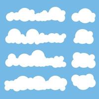 Flat cloud. Simple cloudy shapes. Cartoon white puffy, fluffy and cumulus clouds in blue sky. Abstract comic vector