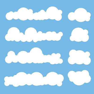 Flat cloud. Simple cloudy shapes. Cartoon white puffy, fluffy and cumulus clouds in blue sky. Abstract comic