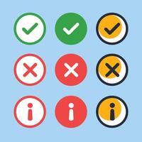 Check mark icon button set. Check, information, detailed information box icon vector
