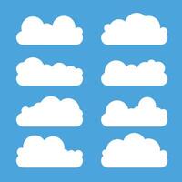 Flat cloud. Simple cloudy shapes. Cartoon white puffy, fluffy and cumulus clouds in blue sky. Abstract comic weather element vector