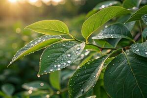 High-resolution image of detailed leaf texture with natural lighting, subtle motion, and realistic bokeh effects in a forest setting. photo