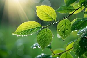 Macro view of vibrant green leaves with visible dew, motion blur from gentle breeze, and soft bokeh light in the background. photo