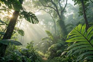 Morning sunlight filtering through dense tropical foliage with soft mist, detailed leaf textures, and photorealistic lighting in ultra-high resolution. photo