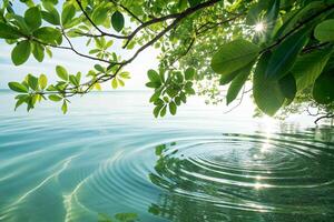 Realistic water ripple texture with reflections of green leaves, soft wave movement, and sunlight patterns creating a calm tropical atmosphere in ultra-sharp detail. photo