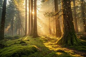 Magical forest scene with warm golden rays, ethereal atmosphere, hyper-realistic textures, and soft green moss covering the forest floor. photo