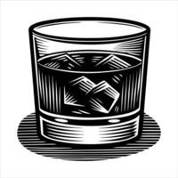glass of whisky with ice on a vintage table vector