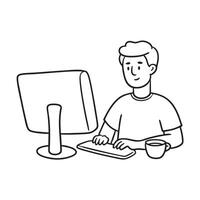 Man typing in front monitor near a cup of tea vector