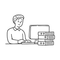 Employee typing in front of computer screen beside a stack of folders vector